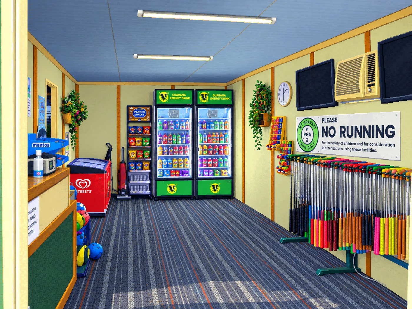 Themed image inside the office with drinks and putters