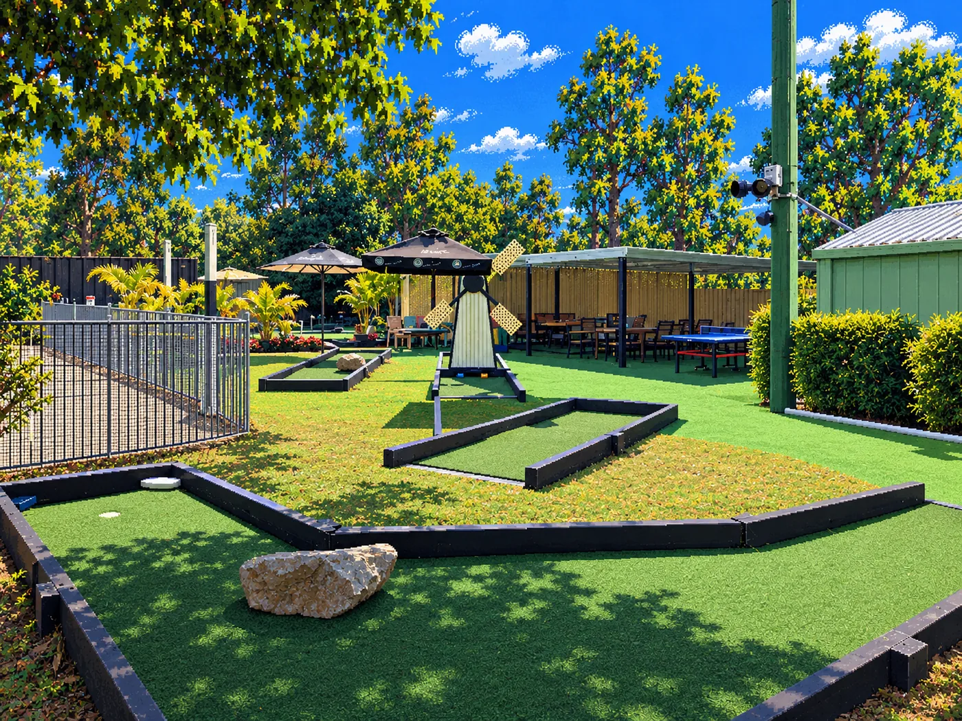 Themed image across the Old Party Area course and windmill