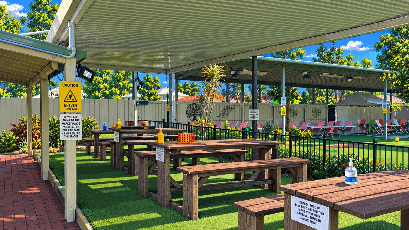 Themed image of the covered seating area at Mt Gravatt Mini Golf